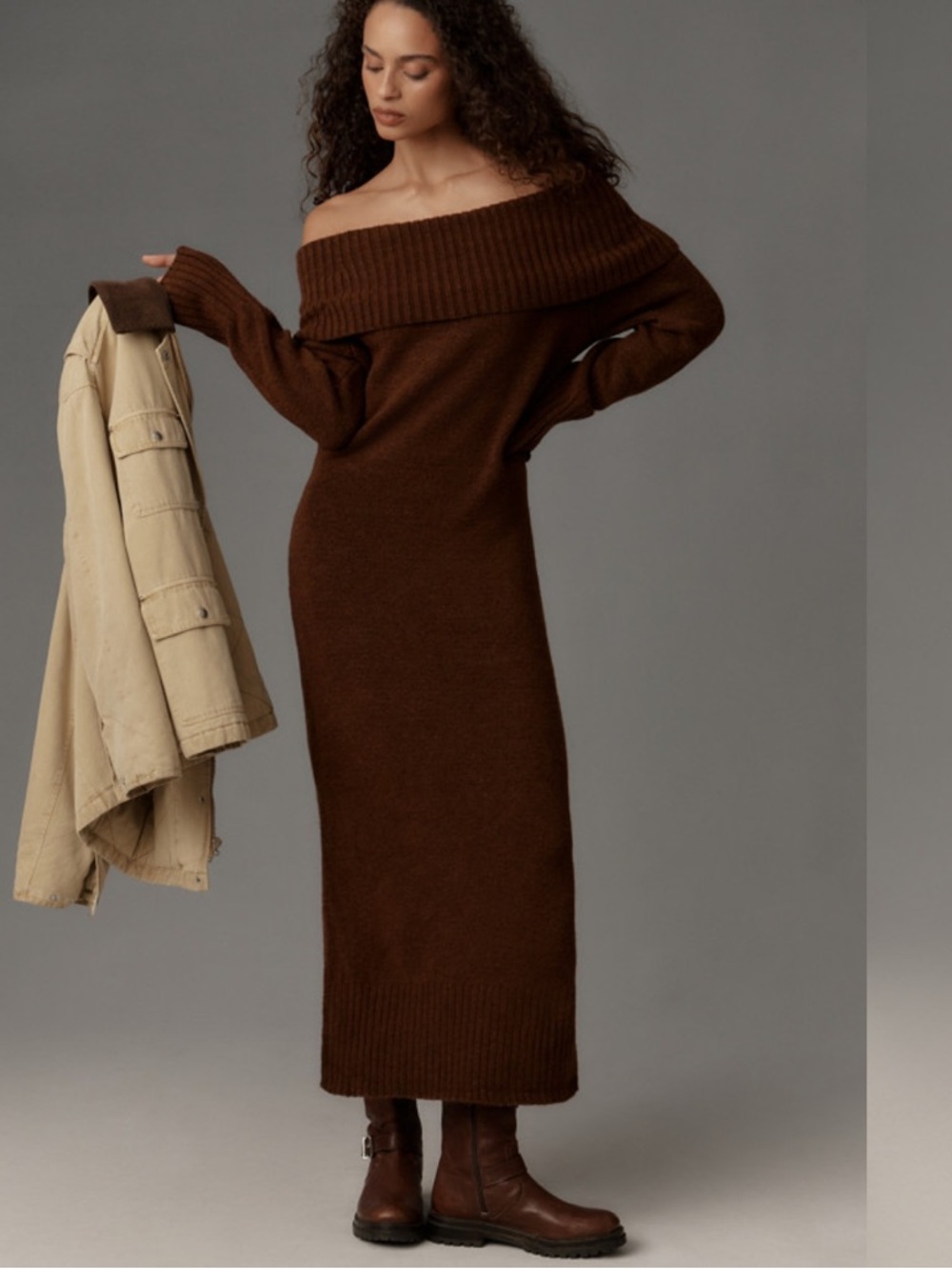 LOFT Brown Off-Shoulder Sweater Maxi Dress